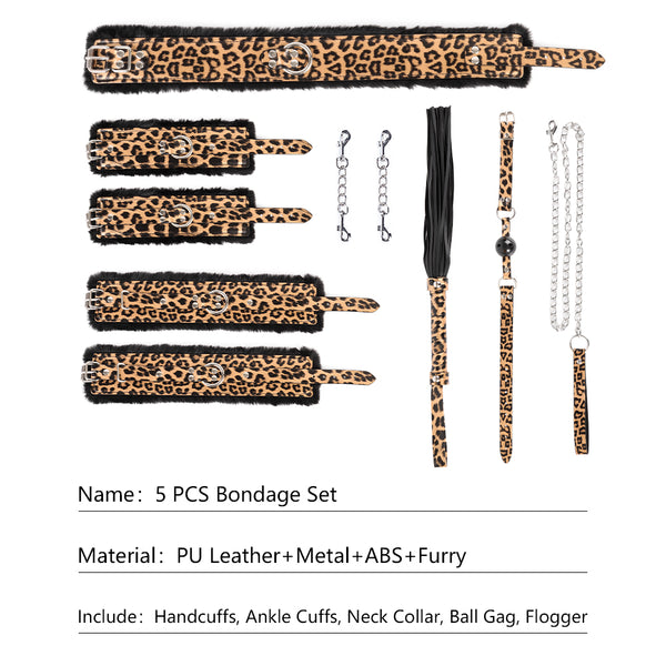 5PCS Leopard Restraints Kit Furry Leather