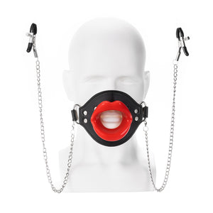 Lips Mouth Plug with Metal Nipple Clamps