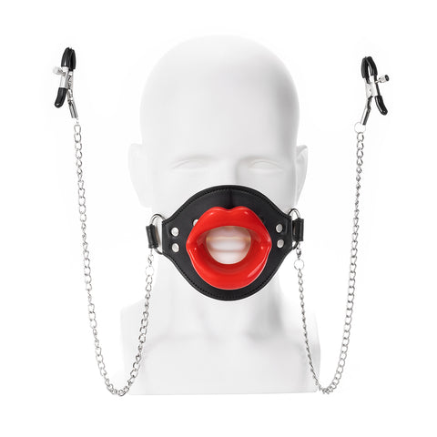 Lips Mouth Plug with Metal Nipple Clamps