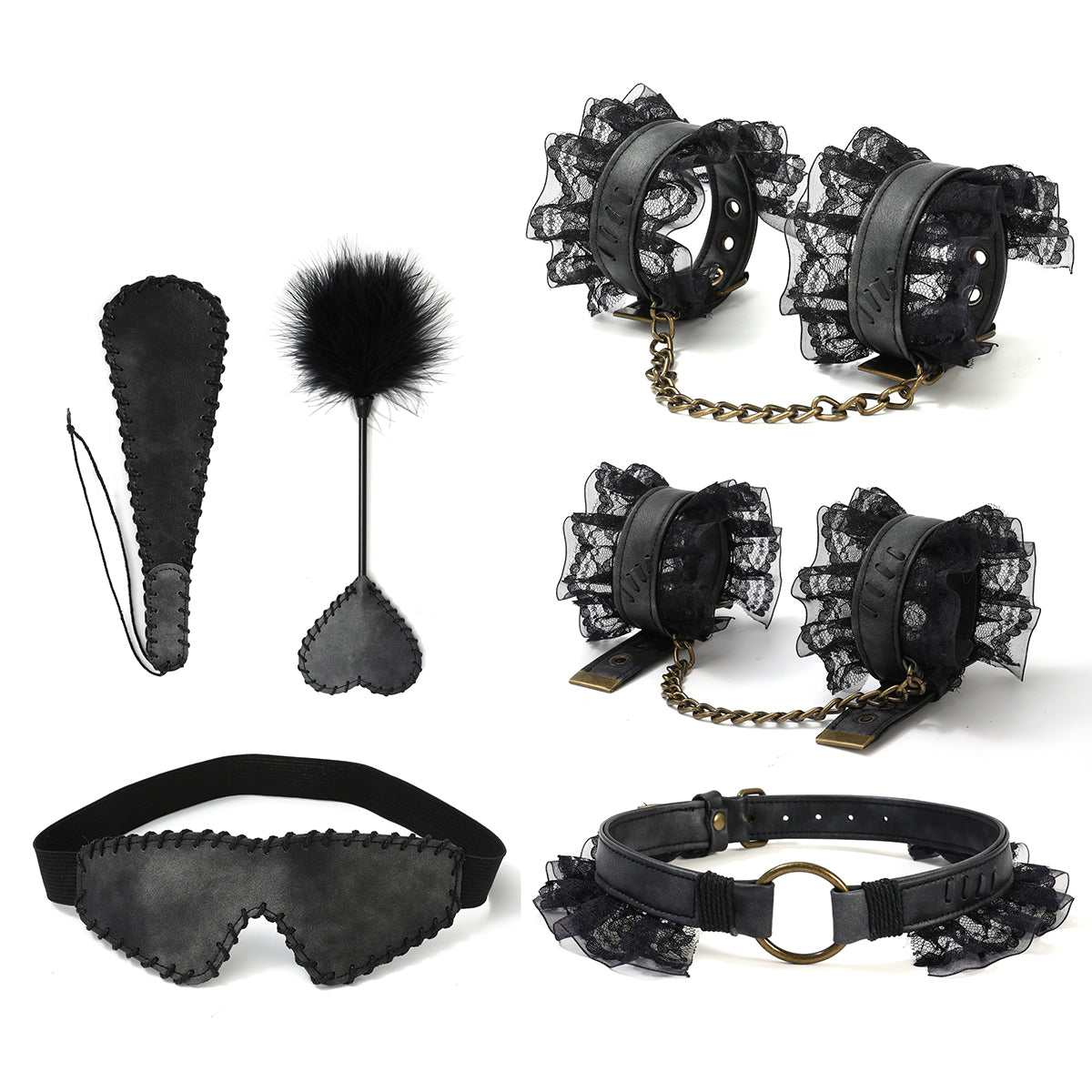 6PCS Bondage Kit Medival Style Black Kit for Adults Lace Leather Bondage Set