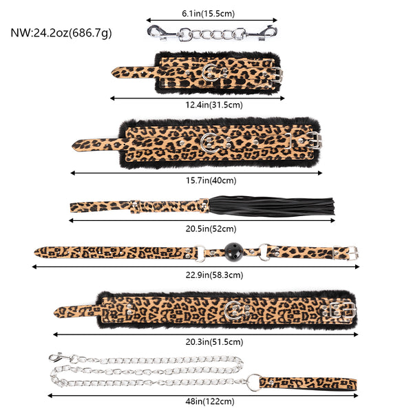 5PCS Leopard Restraints Kit Furry Leather