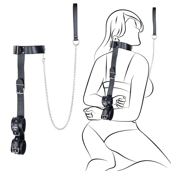 Leather Black Neck to Wrist Bondage Restraints for Sex Couples