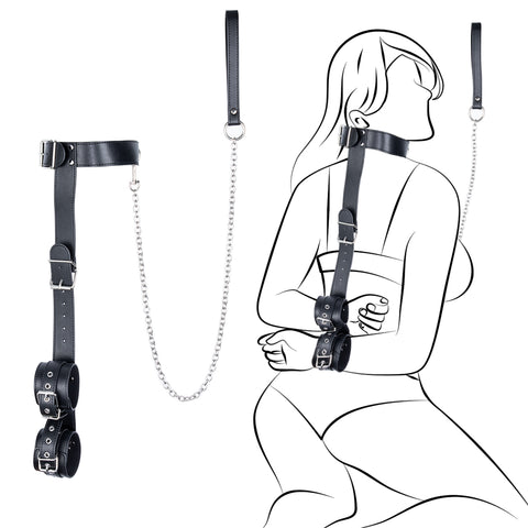 Leather Black Neck to Wrist Bondage Restraints for Sex Couples