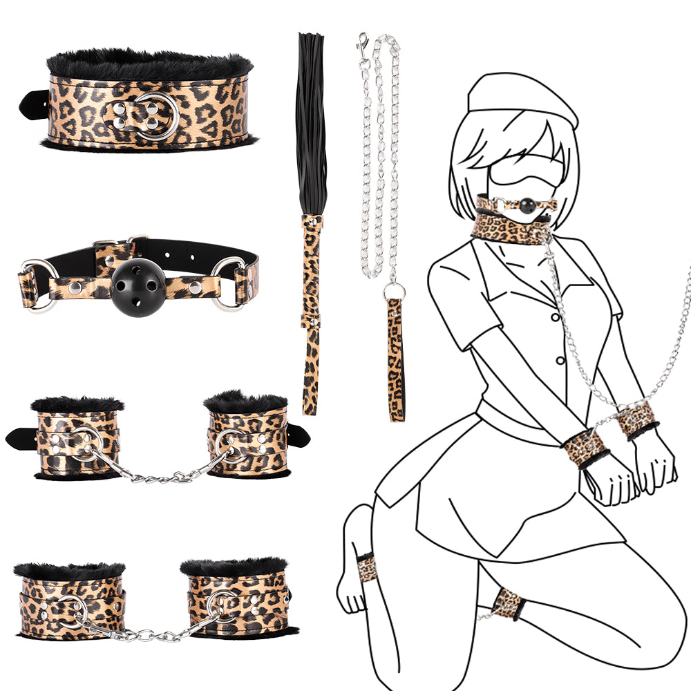 5PCS Leopard Restraints Kit Furry Leather
