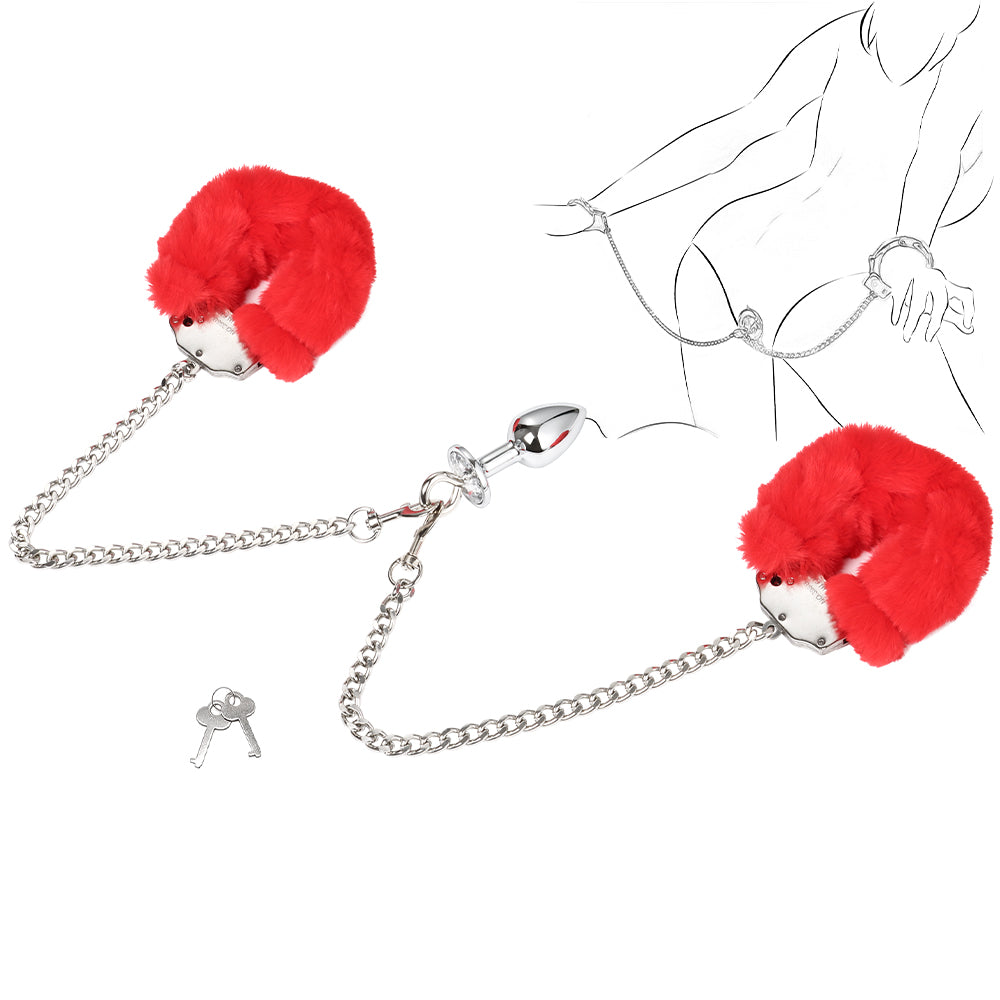 anal plug with handcuffs Nixie Metal Butt Plug and Furry Handcuff Set - Purple main image 1