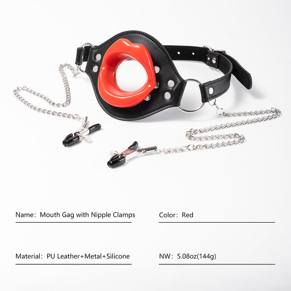 Lips Mouth Plug with Metal Nipple Clamps