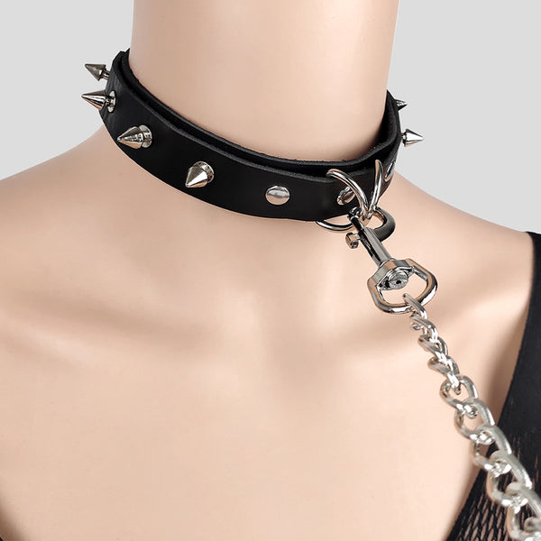 Black Rivet Collar Long Chian 47.2inch