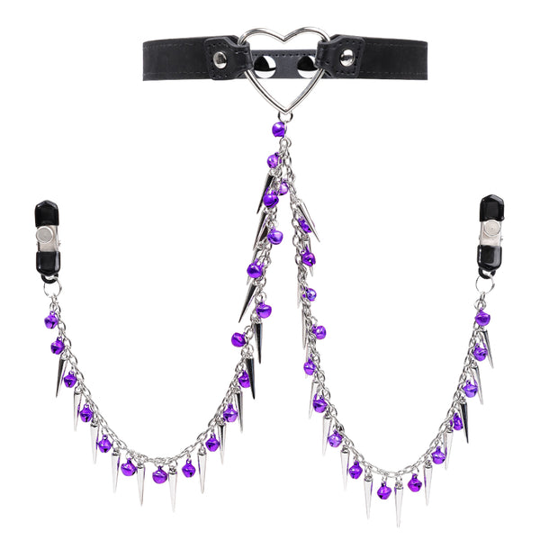 Long Chain with Bell Nipple Clips and Heart-Shaped Chocker
