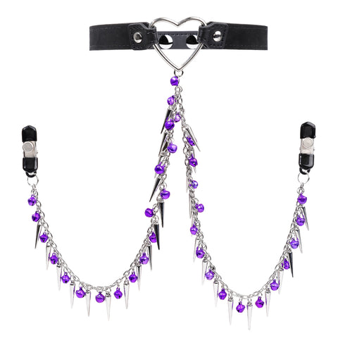 Long Chain with Bell Nipple Clips and Heart-Shaped Chocker