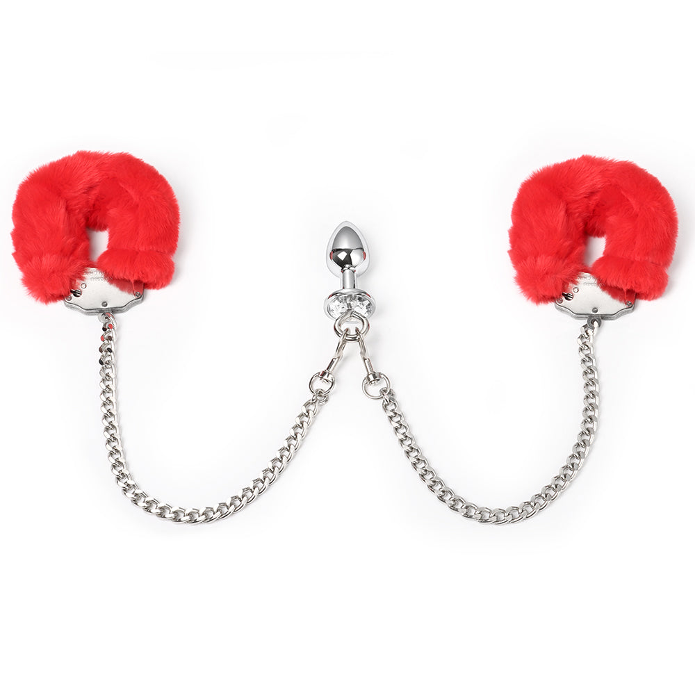 handcuff anal plug NIXIE Metal Butt Plug and Furry Handcuff Set, Pink – THES