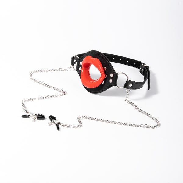 Lips Mouth Plug with Metal Nipple Clamps