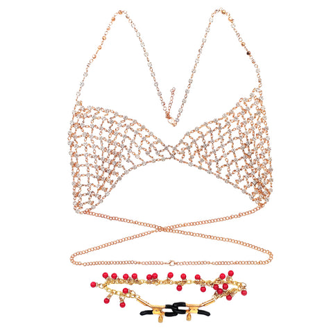 Maillot de bain creux en strass doré avec pinces à tétons 