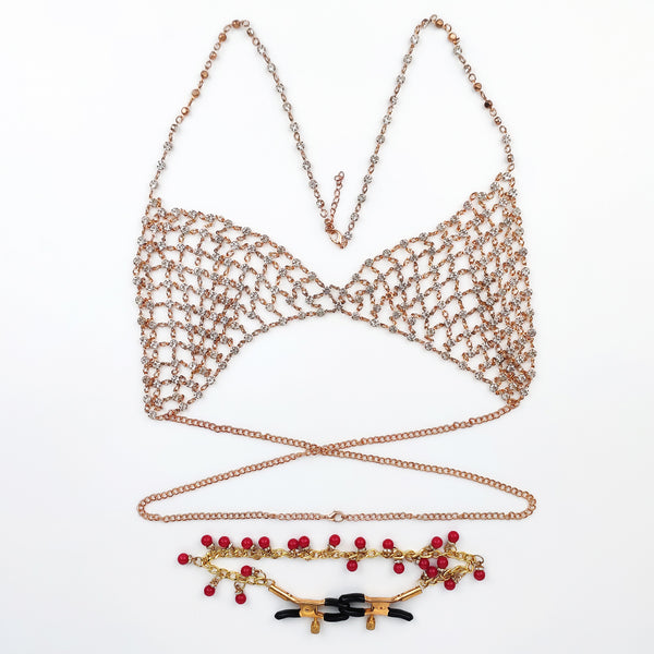 Maillot de bain creux en strass doré avec pinces à tétons 