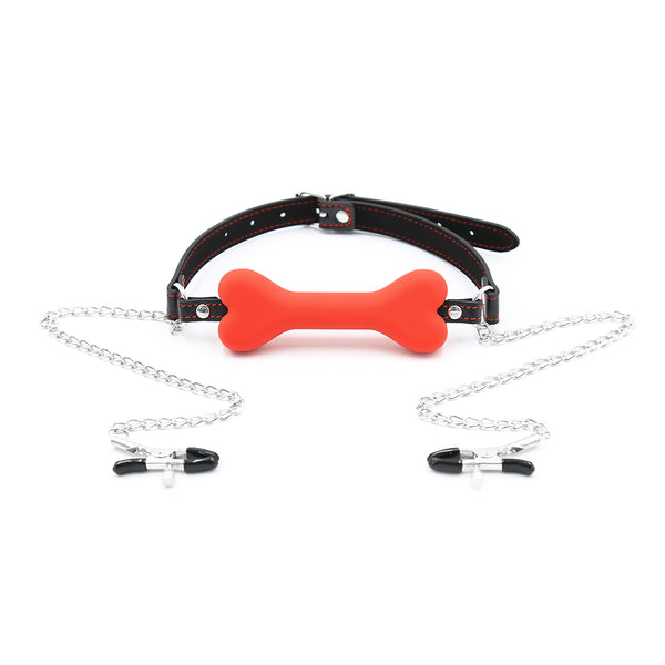 Bone Gag with Nipple Clamps  Pu Silicone Metal Accessories Adult Sex Play
