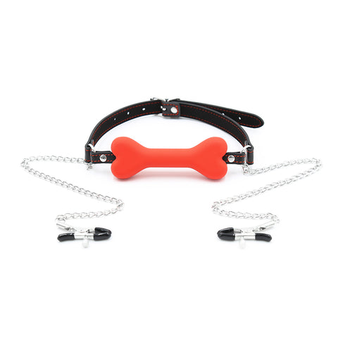 Bone Gag with Nipple Clamps  Pu Silicone Metal Accessories Adult Sex Play