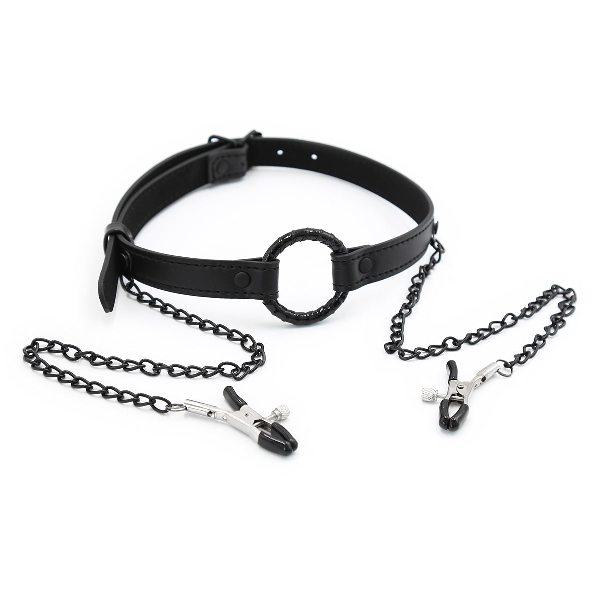 Ring Gag with  Clamps  Pu Metal SM Adult Sex Play