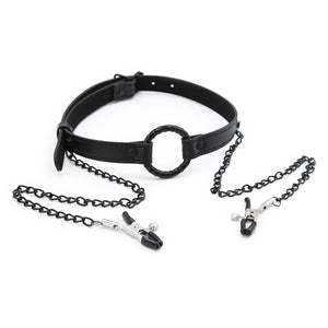 Ring Gag with  Clamps  Pu Metal SM Adult Sex Play