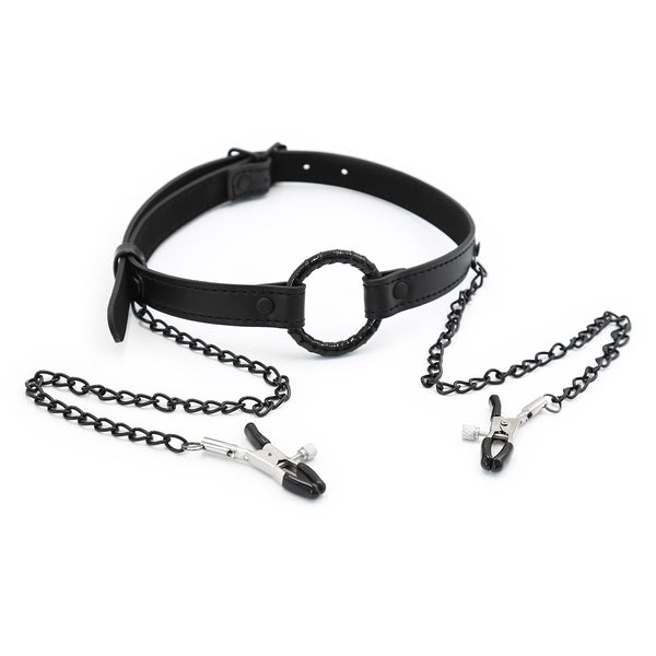 Ring Gag with  Clamps  Pu Metal SM Adult Sex Play