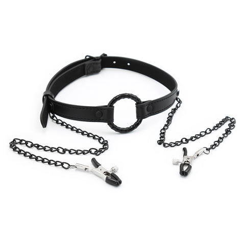 Ring Gag with  Clamps  Pu Metal SM Adult Sex Play