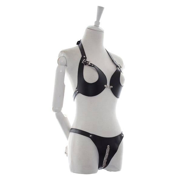 Soutien-gorge ouvert et culotte en cuir émaillé SM