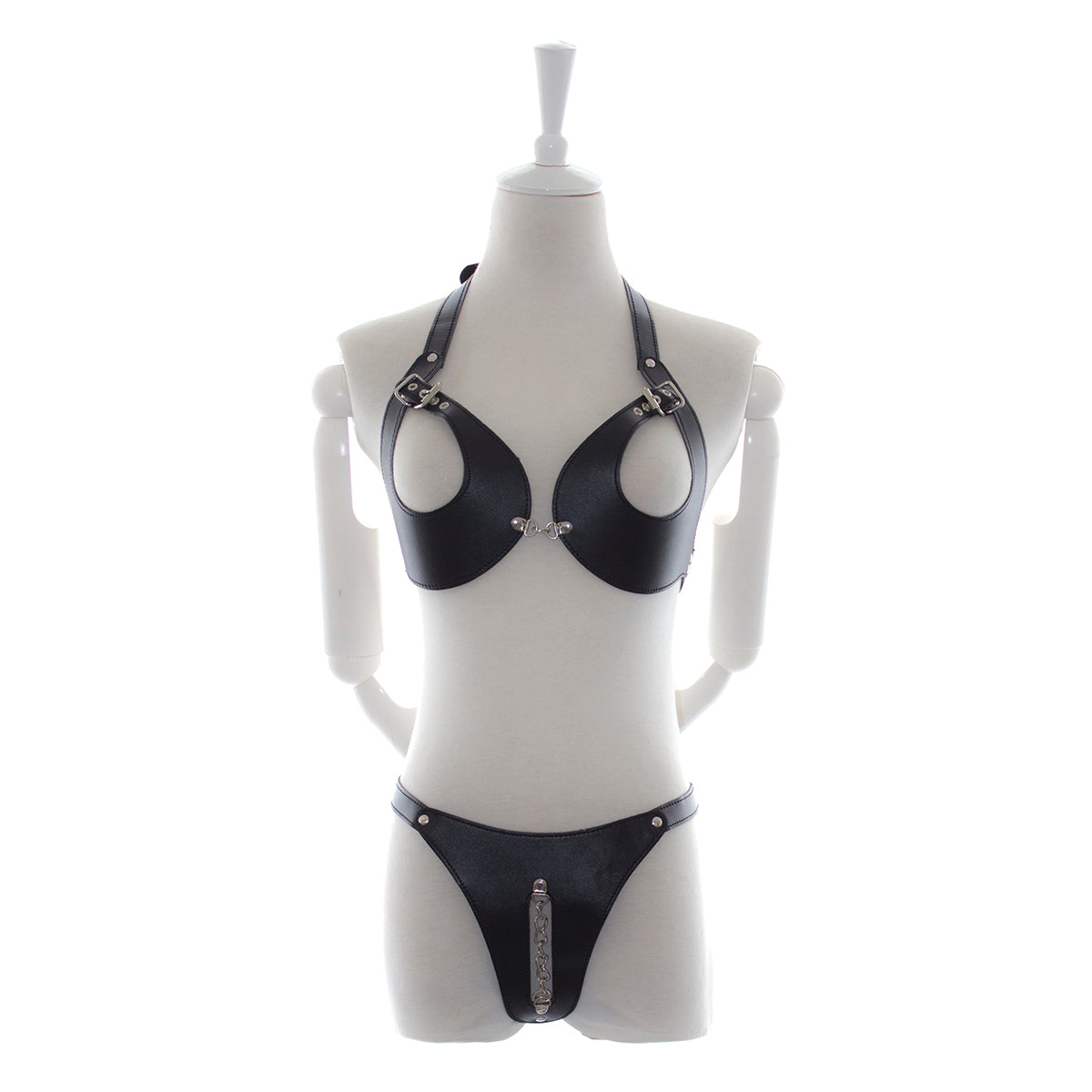 Soutien-gorge ouvert et culotte en cuir émaillé SM