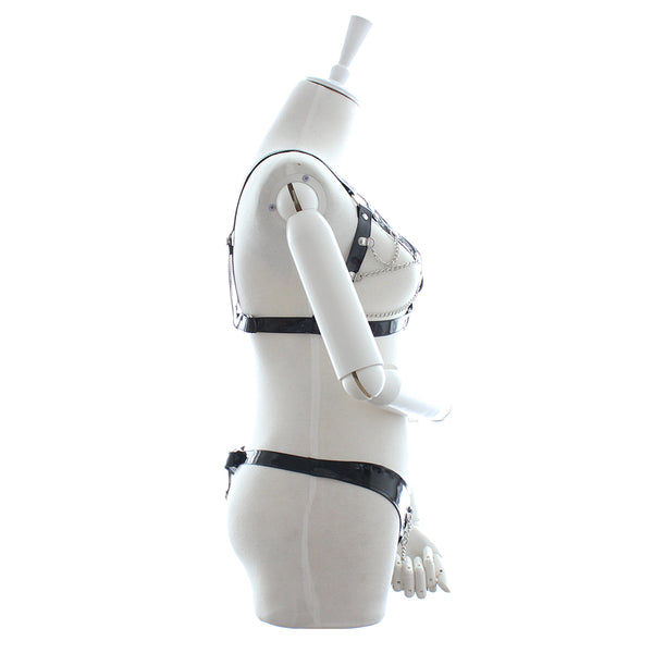 Open Strap Bikini with Collar Enamel Leather and Chain