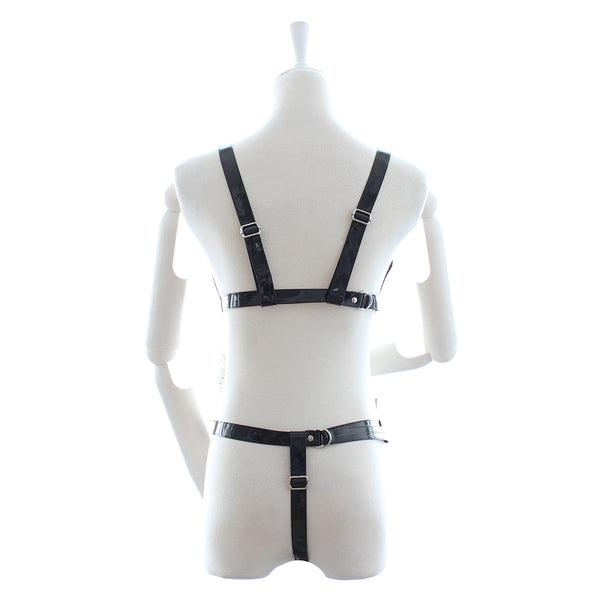 Open Strap Bikini with Collar Enamel Leather and Chain