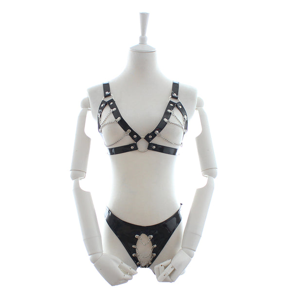 Open Strap Bikini with Collar Enamel Leather and Chain