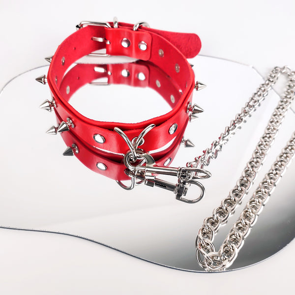 Red Bondage Neck Collar With Steel Rivets For Women BDSM Game Play