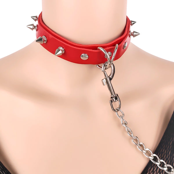 Red Bondage Neck Collar With Steel Rivets For Women BDSM Game Play