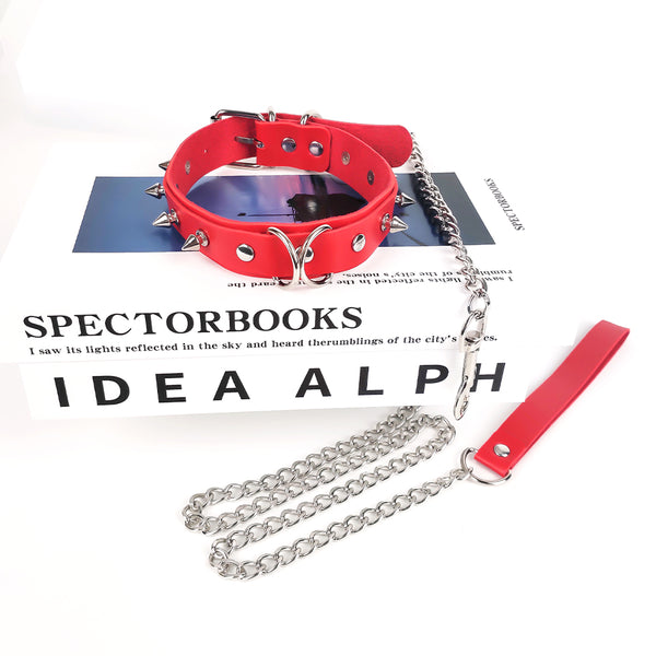 Red Bondage Neck Collar With Steel Rivets For Women BDSM Game Play
