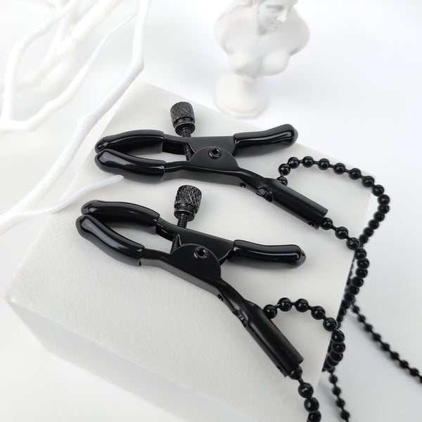 Pinces à tétons avec deux chaînes noires, accessoires sexuels 