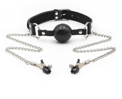 Silicone Ball Gag with Nipple Clip Kit