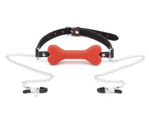 Dog bone mouth plug with Nipple Clamps BDSM Bondage