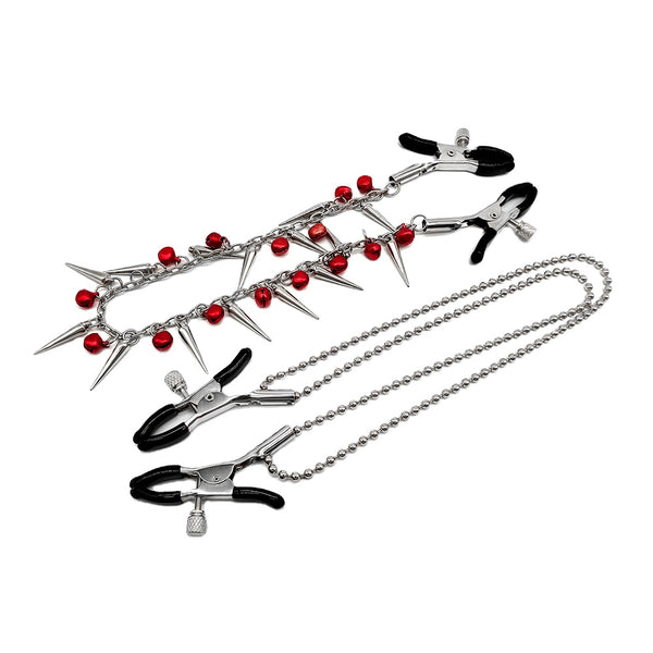 Pinces à tétons en métal coloré avec cloches et bondage BDSM 