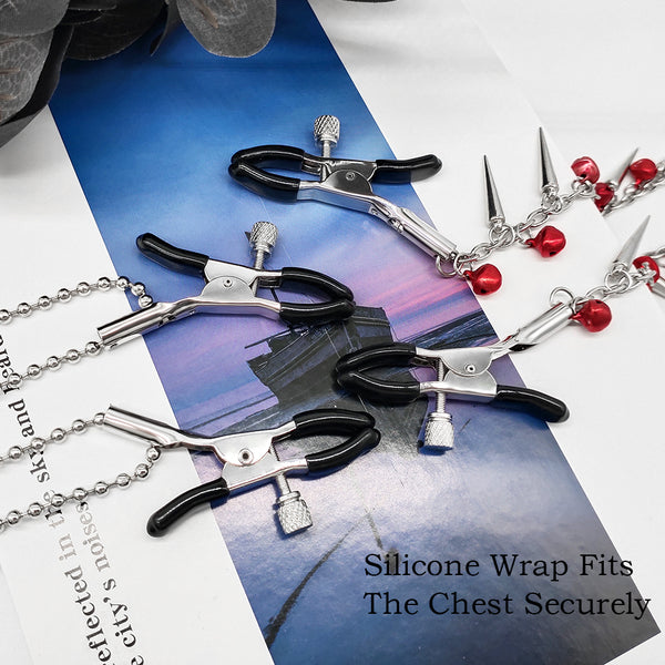 Pinces à tétons en métal coloré avec cloches et bondage BDSM 