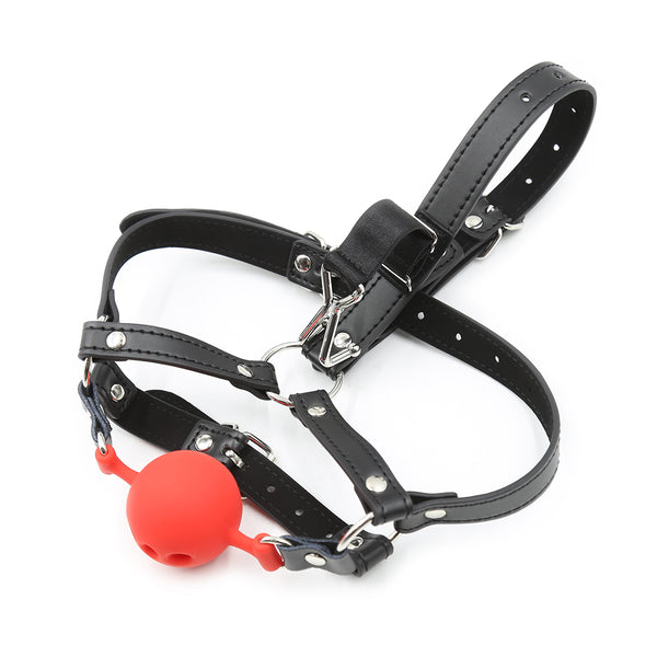 Mouth Ball Gag with  Silicone and Pu Black Red Adult Sex Play
