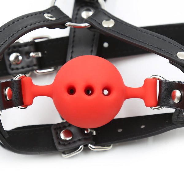 Mouth Ball Gag with  Silicone and Pu Black Red Adult Sex Play