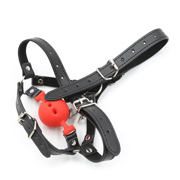 Mouth Ball Gag with  Silicone and Pu Black Red Adult Sex Play