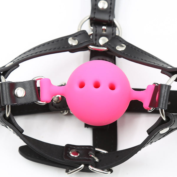 Mouth Ball Gag with  Silicone and Pu Black Pink Adult Sex Play