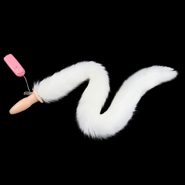 Vibrating Faux Fur Long Fox Tail With Anal Plug