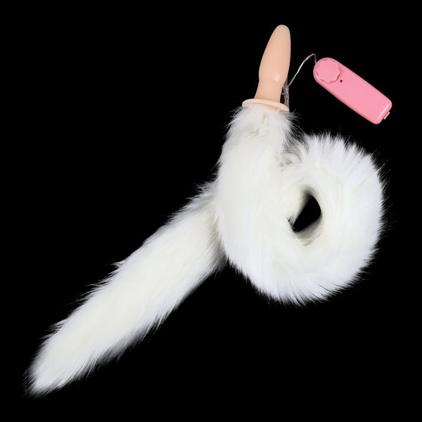Vibrating Faux Fur Long Fox Tail With Anal Plug