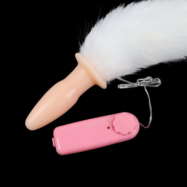 Vibrating Faux Fur Long Fox Tail With Anal Plug