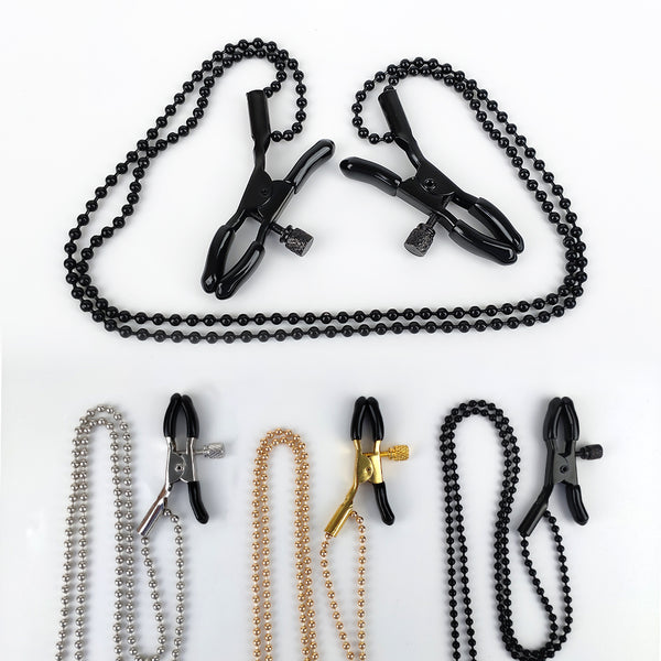 Pinces à tétons avec deux chaînes noires, accessoires sexuels 